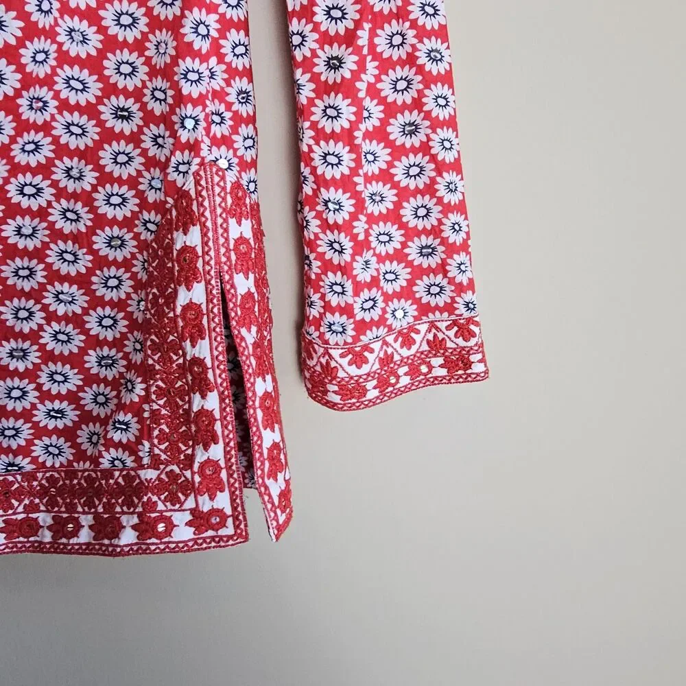 Tory Burch Jayne Nantucket Red Daisy Floral Embroidered Cotton Tunic Womens Sz 2